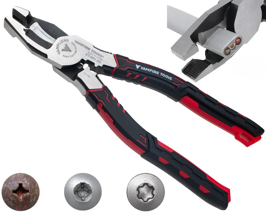 VAMPLIERS 8″ LINESMAN SHEARING PLIERS W/ CABLE CUTTER, CRIMPER & SCREW EXTRACTOR JAWS| VT-001-85
